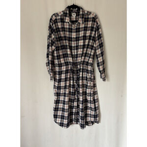 Uniqlo Dress Large Plaid Check Button Up Knee Long Sleeve Cotton